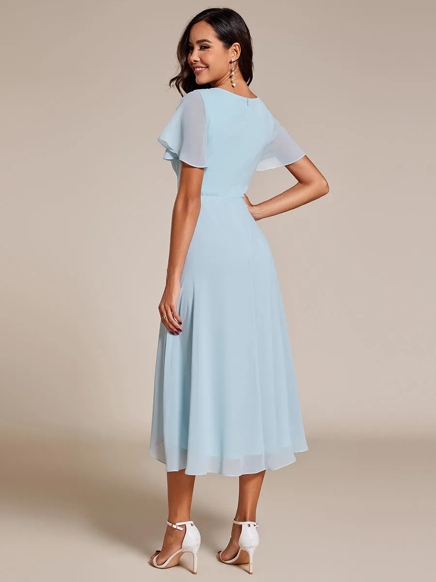 V-Neck Midi Chiffon Wedding Guest Dresses with Ruffles Sleeve