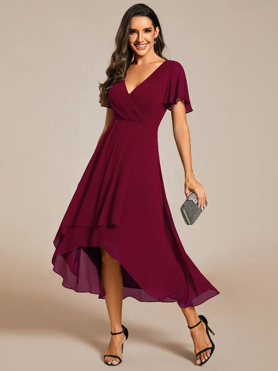 V-Neck Midi Chiffon Wedding Guest Dresses with Ruffles Sleeve