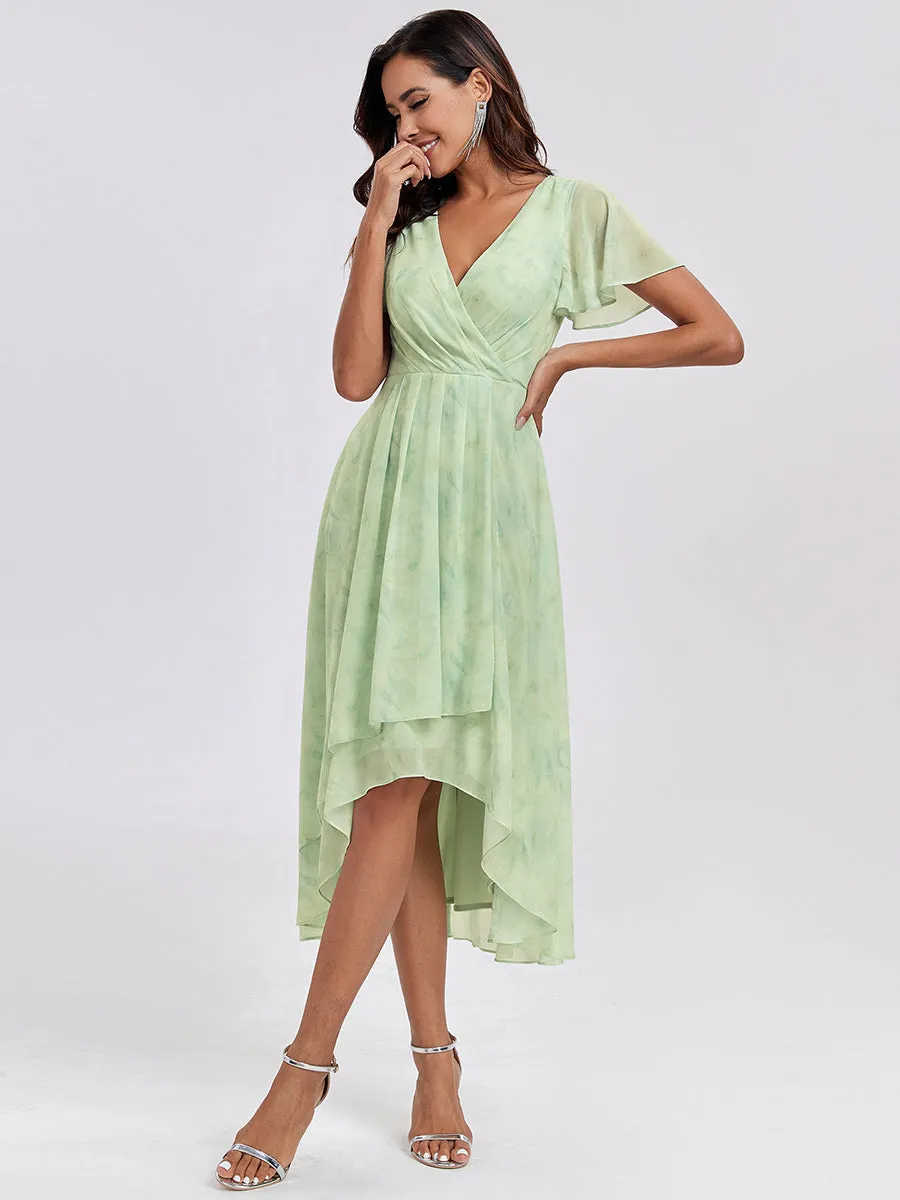 V-Neck Midi Chiffon Wedding Guest Dresses with Ruffles Sleeve