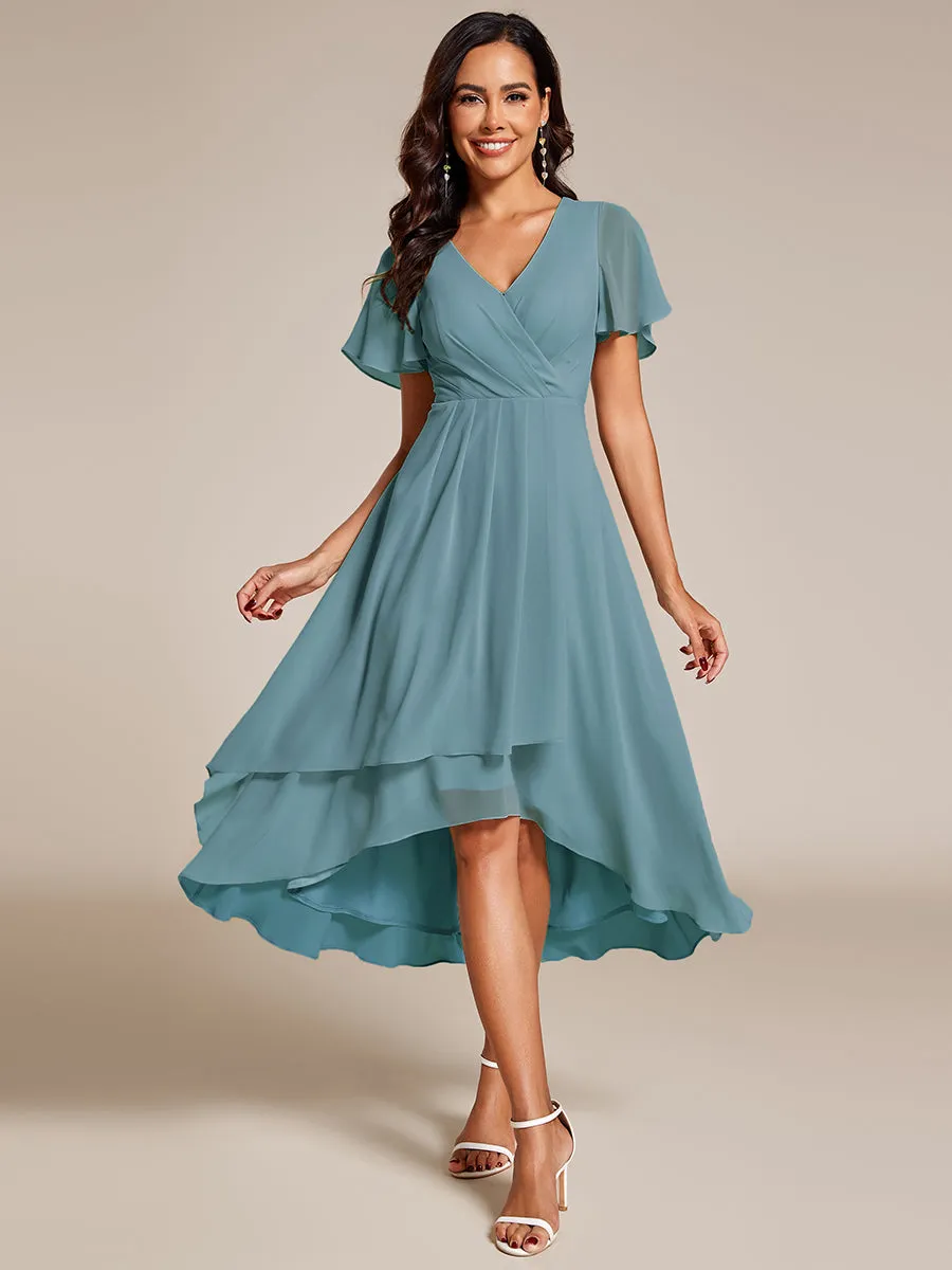 V-Neck Midi Chiffon Wedding Guest Dresses with Ruffles Sleeve