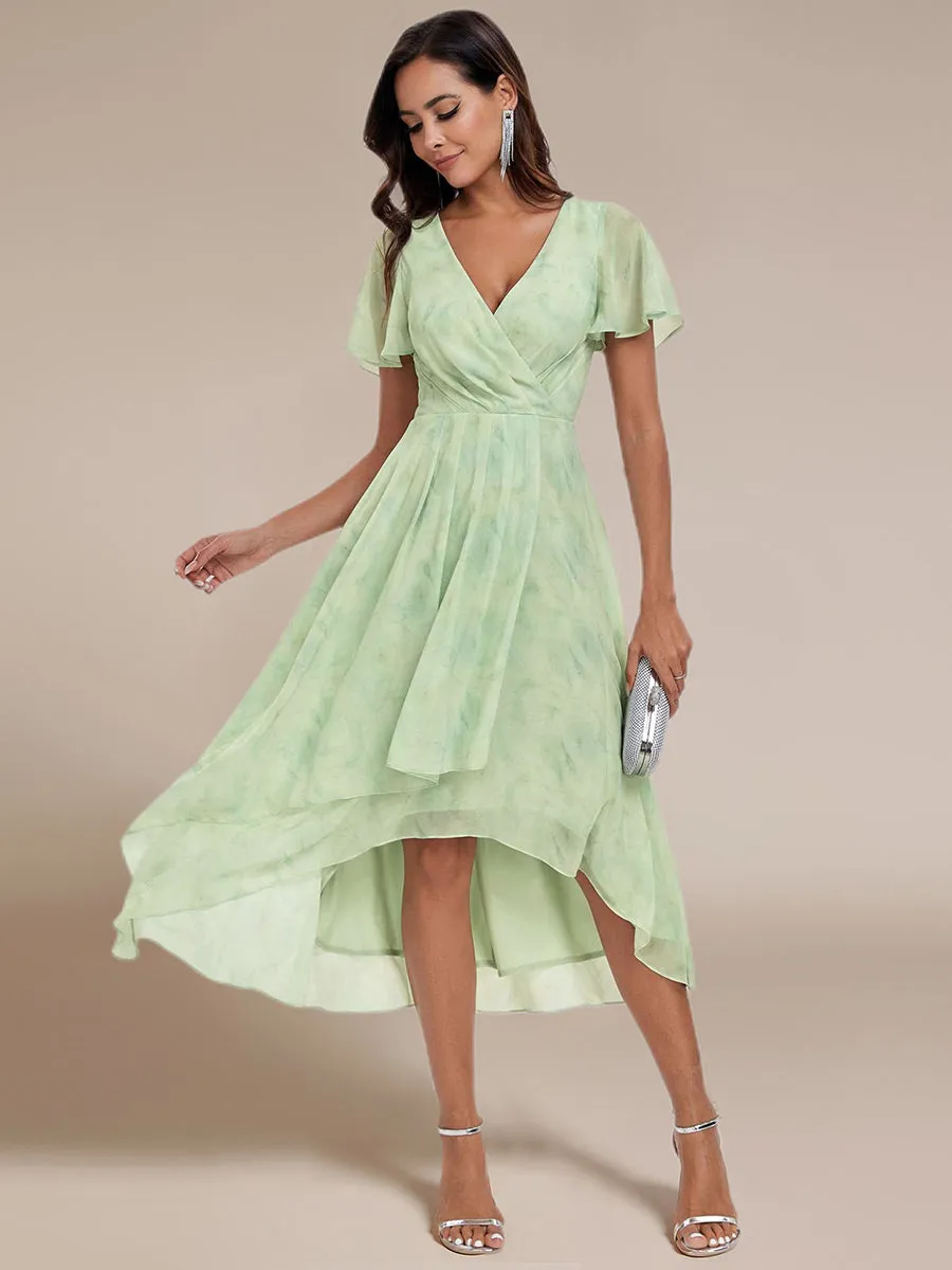 V-Neck Midi Chiffon Wedding Guest Dresses with Ruffles Sleeve