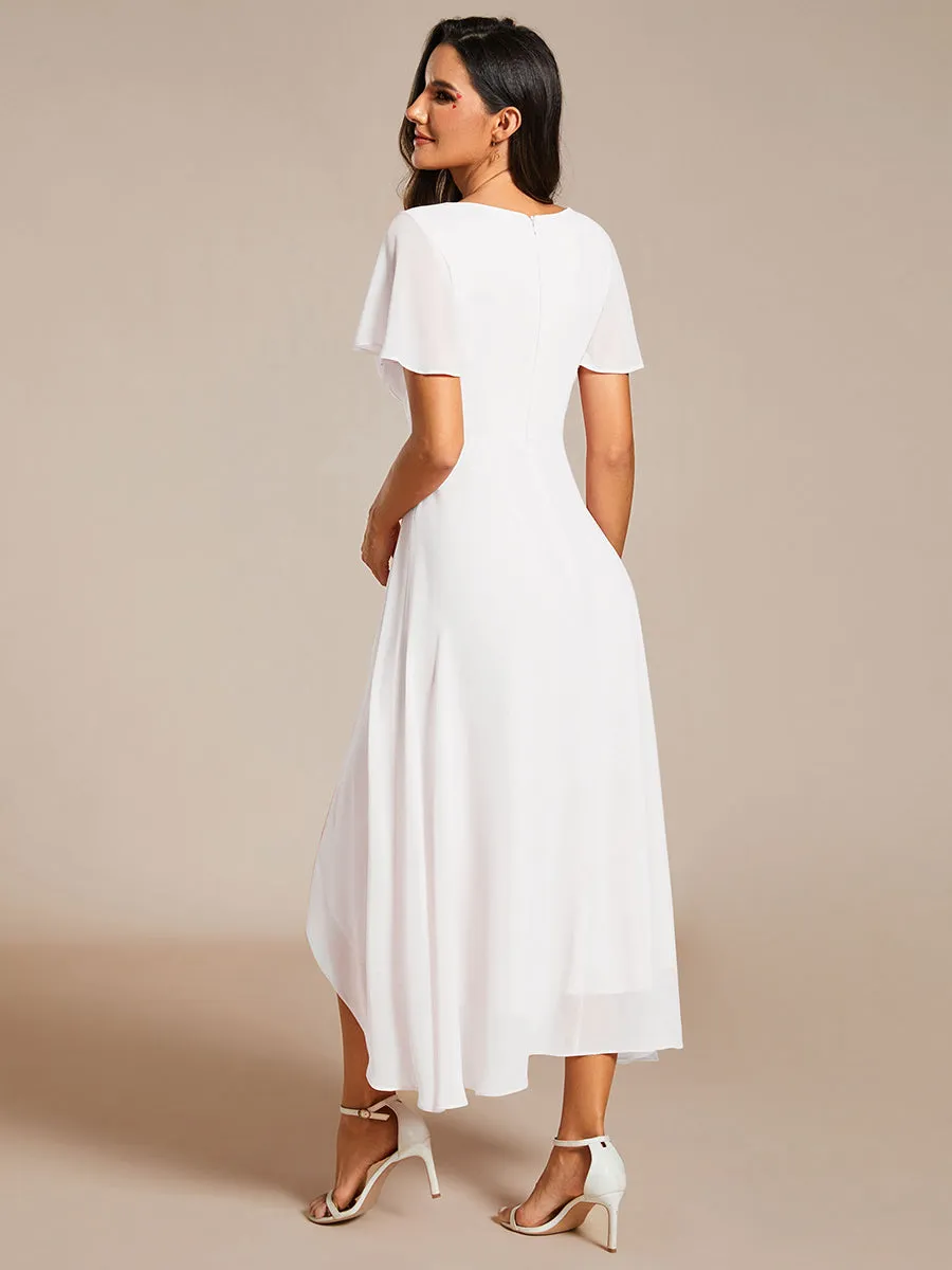 V-Neck Midi Chiffon Wedding Guest Dresses with Ruffles Sleeve