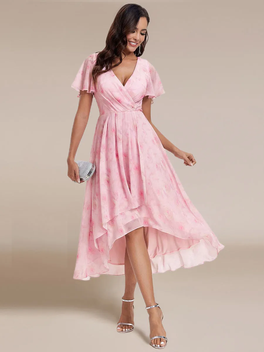 V-Neck Midi Chiffon Wedding Guest Dresses with Ruffles Sleeve