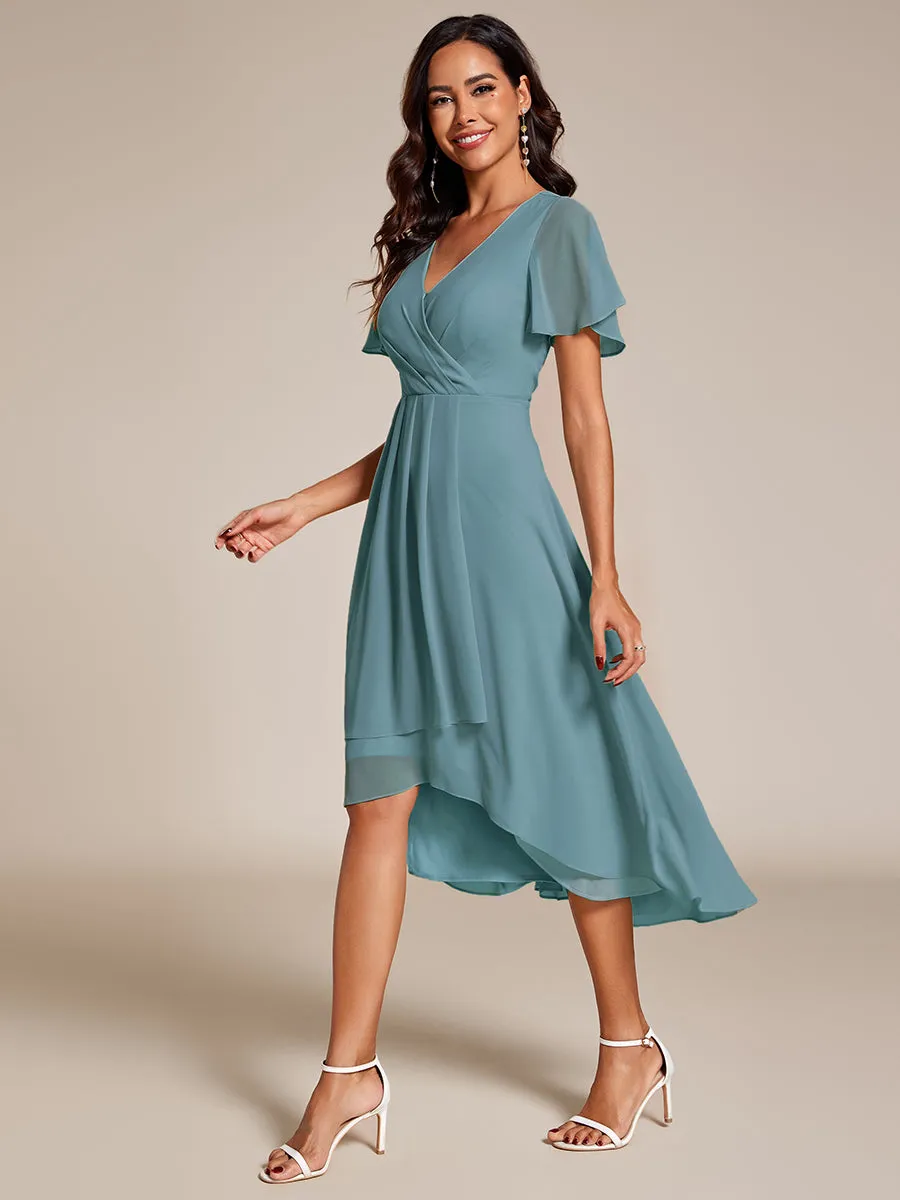 V-Neck Midi Chiffon Wedding Guest Dresses with Ruffles Sleeve