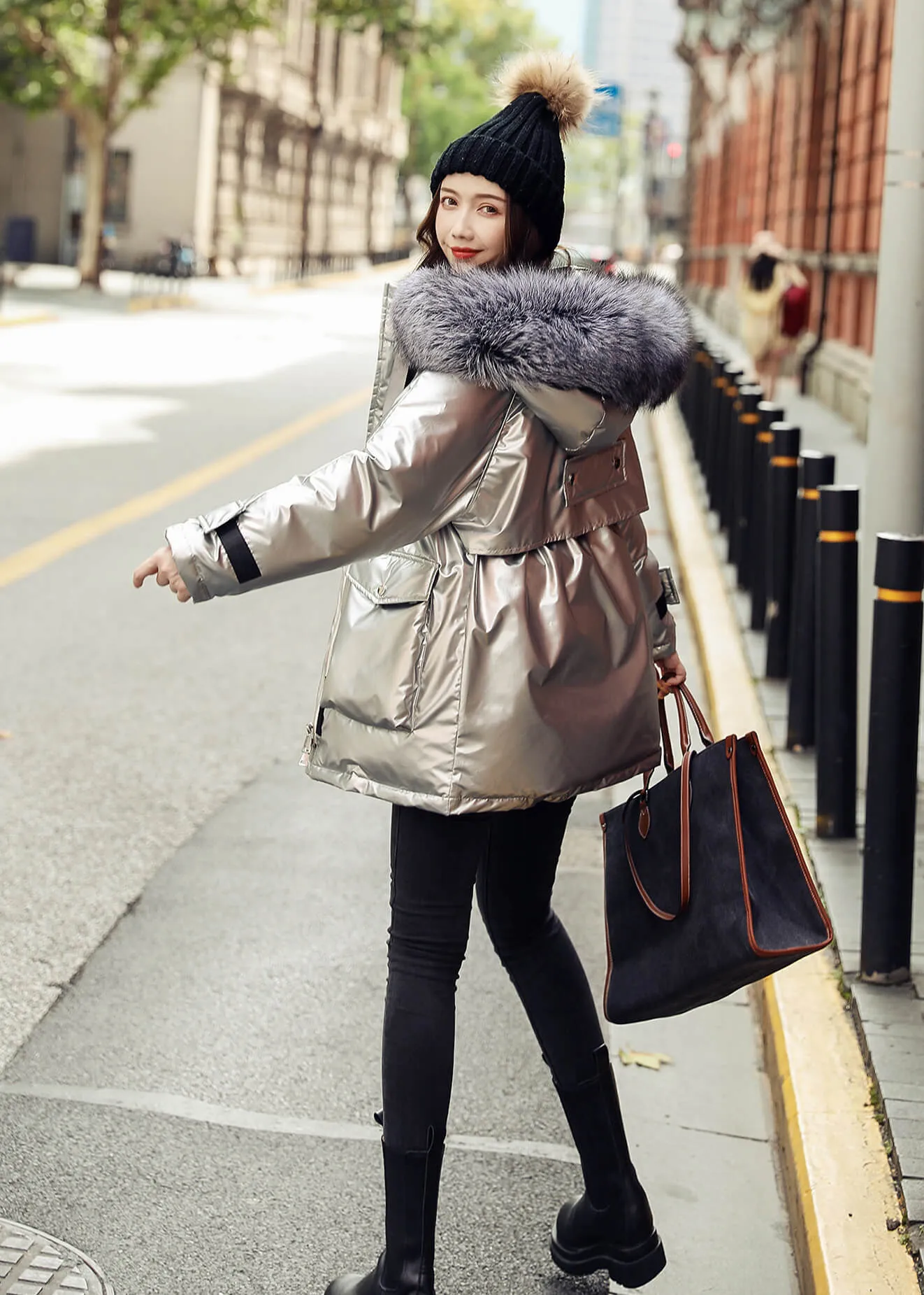 Waterproof Hooded Down Puffer Parka with Faux Fur Trim