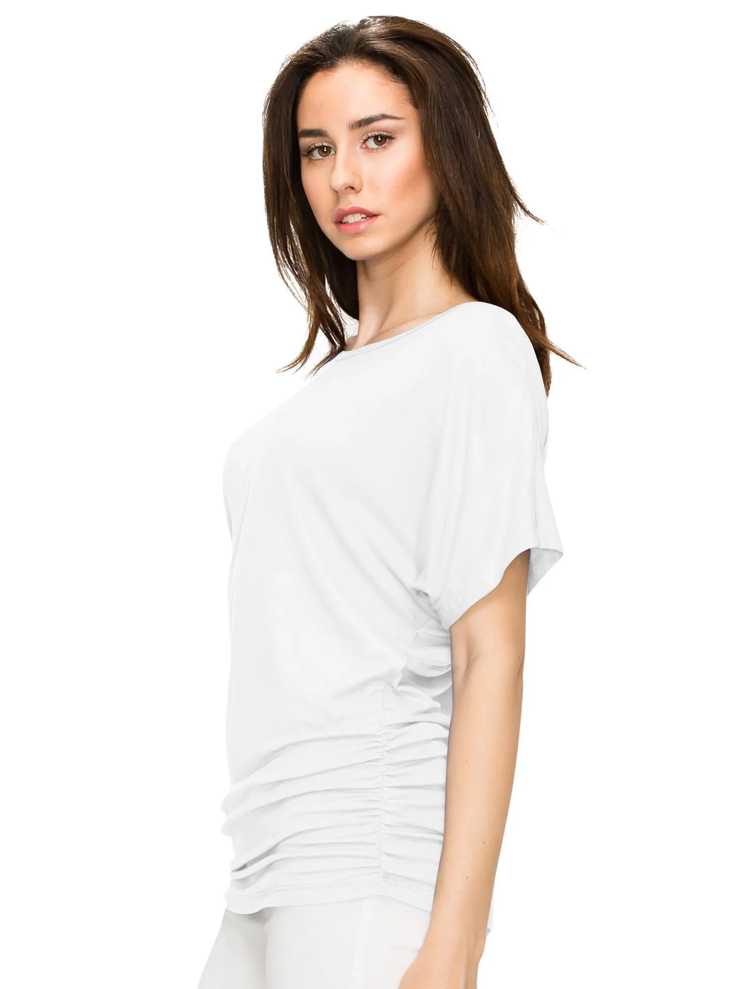 Women's Solid Short Sleeve Boat Neck V-Neck Dolman Top