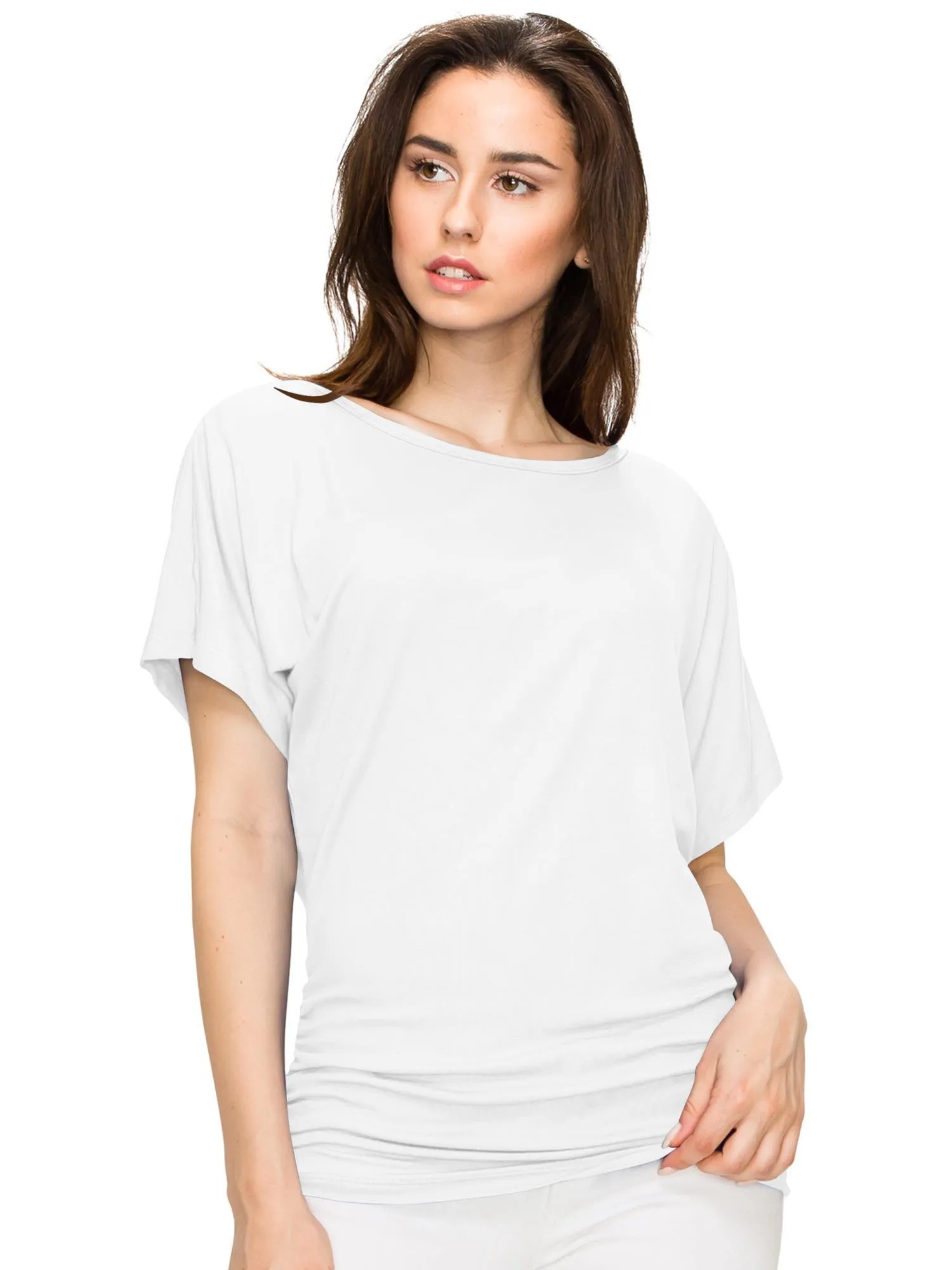 Women's Solid Short Sleeve Boat Neck V-Neck Dolman Top